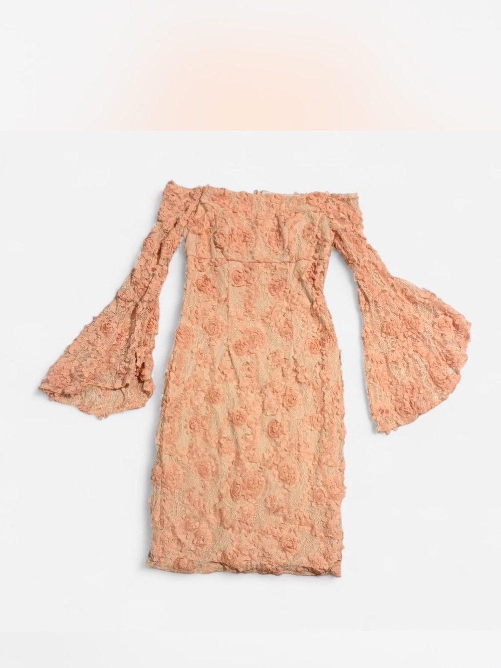 Xscape Peach Off-Shoulder Lace Bell-Sleeve Midi Dress
